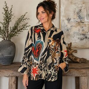 Yolly Italy Power Prowl Linen Blend Leopard Zebra Artwear Top One Size NWT